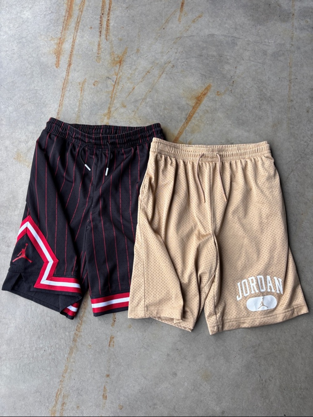 (2) Jordan Basketball Shorts - Black with Red Accent & Tan Youth size  XL